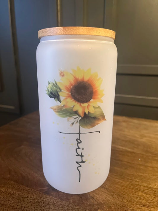 16oz Glass Cup Faith Sunflower