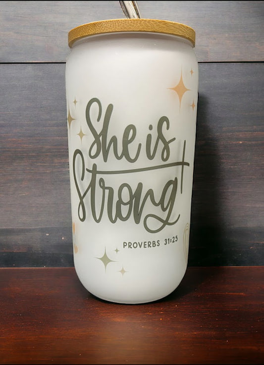 She is Strong Tumbler 16oz Frosted Glass Tumbler